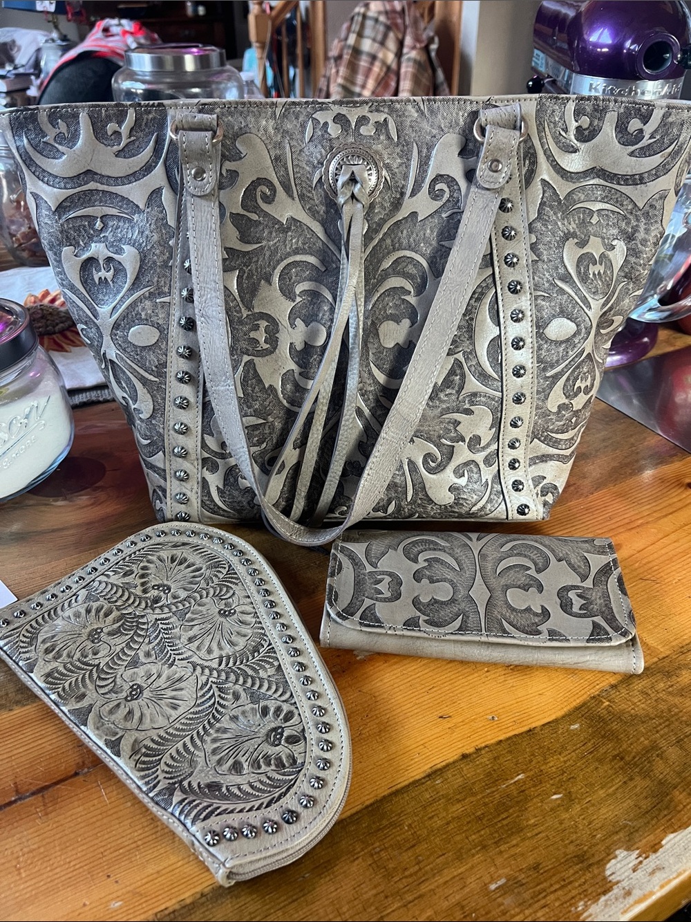 3 Piece American West Baroque Silver Gray Embossed Tote, Wallet & CC case